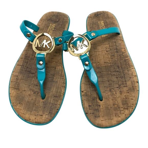 Michael Kors Teal Blue Gold Logo Thongs Sandals Flip Flops Shoes Flats sz 6 - Picture 5 of 16